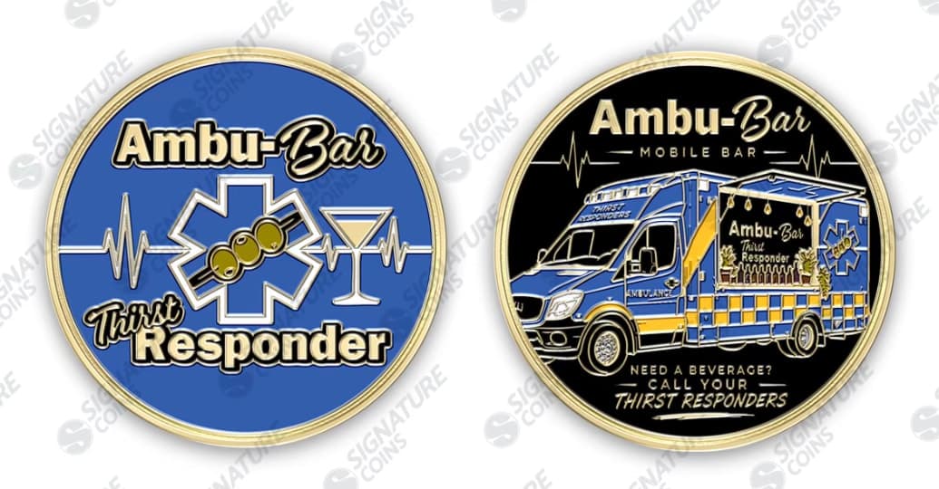Blue and black Ambu Bar challenge coins showing the Thirst Responder logo and mobile bar ambulance